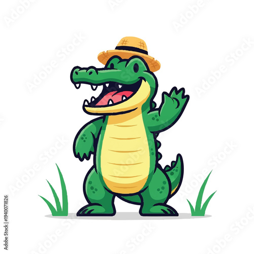 Friendly Cartoon Alligator Waving and Wearing a Straw Hat