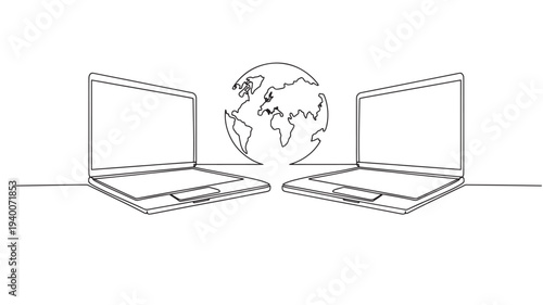 Laptops with a stylized world map in the center, symbolizing global connectivity and digital communication.
