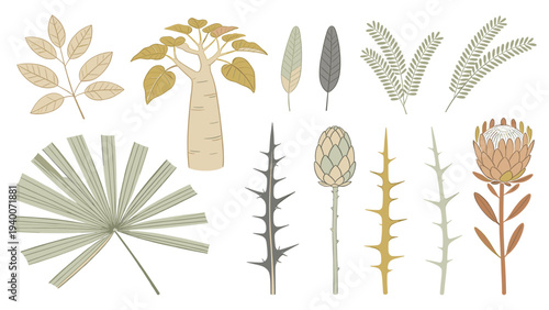 Stylized Digital Illustration of Botanical Plant and Leaf Species in Botanical Floral Collage Arrangement – Minimalist Green and Yellow Designs