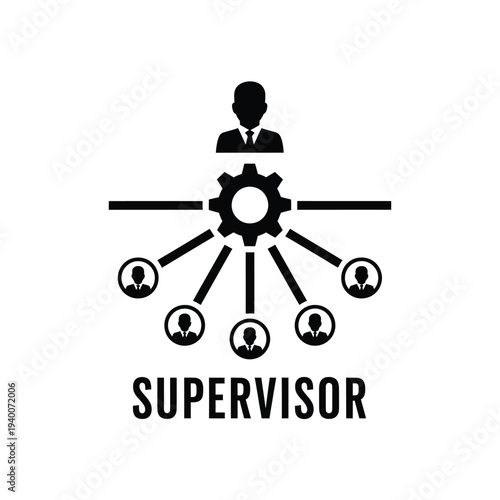 A black silhouette of a supervisor figure overseeing connected workers represented by circular icons with gears symbolizing process high quality professional detailed modern elegant