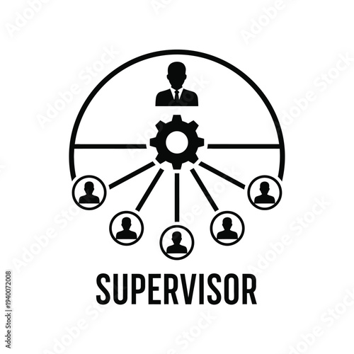 A black and white graphic depicts a supervisor overseeing a team illustrated with figures connected by lines and gears high quality professional detailed modern
