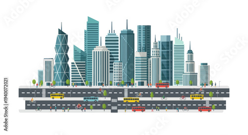 Modern City Skyline with Traffic and Green Spaces - Urban Landscape Illustration