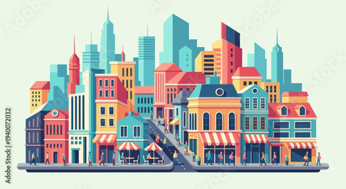 Vibrant Cityscape Illustration with Colorful Buildings and People Walking
