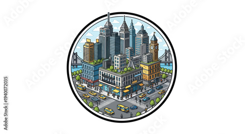 Vibrant Cityscape Illustration: Modern Buildings, Yellow Taxis, and Green Rooftops in a Circle