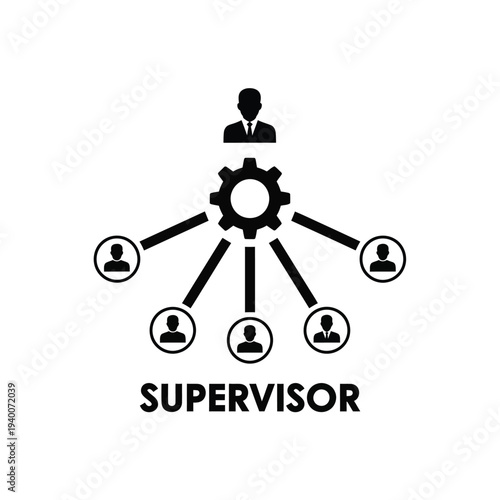 A simplified black icon depicts a supervisor overseeing a network of connected individuals representing team management and organizational structure high quality professional detailed modern