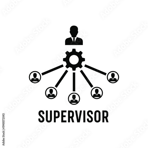 A black silhouette of a supervisor overseeing a network of connected individuals indicated by circular icons and lines high quality professional detailed modern elegant