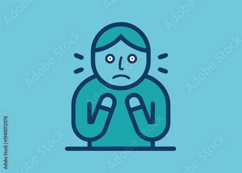A flat teal icon of a worried person with wide eyes and hands raised to the chest on a blue background.