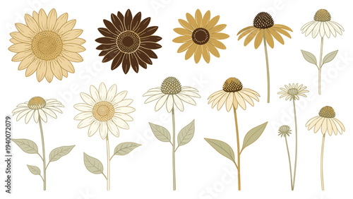 Set element botanical floral species of 11 diverse flowers arrangement in minimalist design with varied colors and styles showcasing elegant simplicity