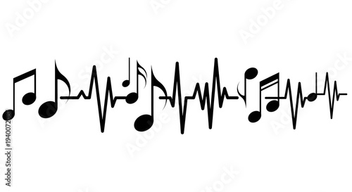 Music Notes and Heartbeat Pulse Line on White Background.