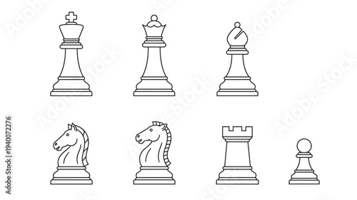 Chess pieces icons with king, queen, bishop, knight, rook, and pawn in a clean line art style on a white background.