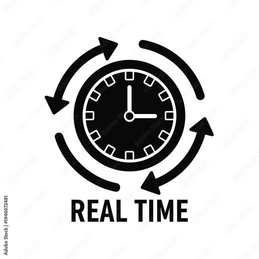 Fototapeta premium A black and white graphic depicts a clock face encircled by rotating arrows with the text real time displayed below high quality professional detailed