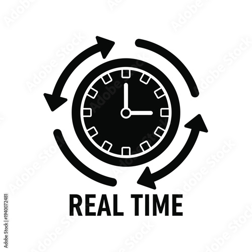 A black and white graphic depicts a clock face encircled by rotating arrows with the text real time displayed below high quality professional detailed