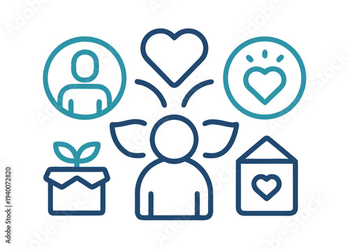 Five navy and teal outlined charity icons centered on a human figure including a heart and a house on a clean white background.