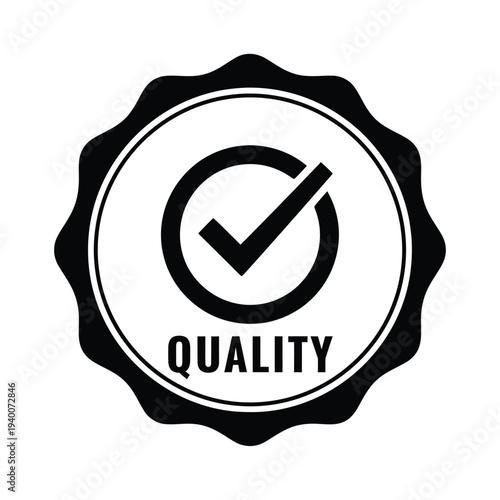 A black and white circular badge features a prominent checkmark within a circle accompanied by the word quality below it high quality professional detailed
