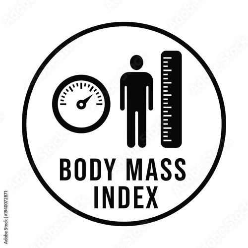 A circular icon depicts a human figure alongside a gauge and ruler representing the concept of body mass index high quality professional detailed modern