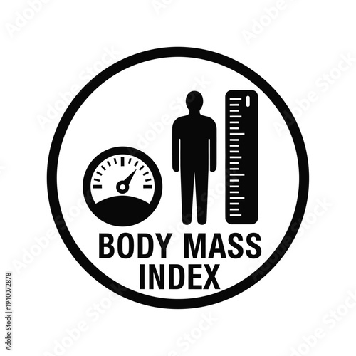A black and white circular icon depicts a person next to a measuring scale and gauge representing body mass index high quality professional detailed modern elegant