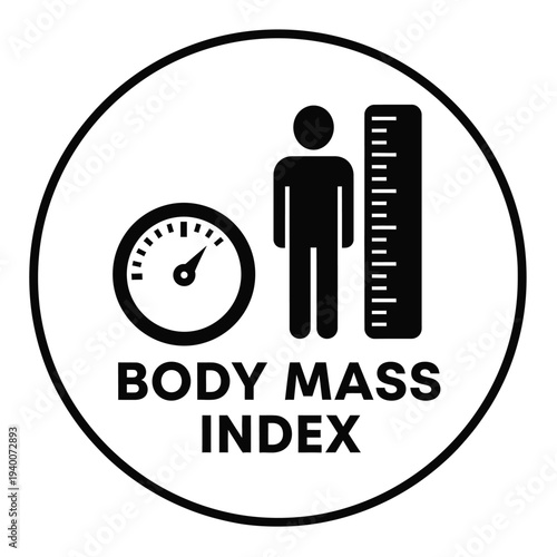 A circular graphic depicts body mass index with a silhouette ruler gauge and text labeling the concept high quality professional detailed modern elegant stylish