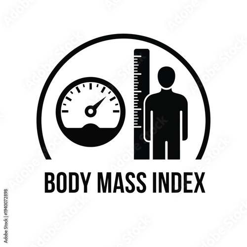 This graphic depicts a body mass index calculation showing a silhouetted person next to a ruler and a gauge high quality professional detailed modern