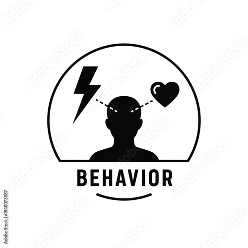 A black and white graphic depicts a human head silhouette with a lightning bolt and a heart connected by dotted lines labeled behavior high quality professional
