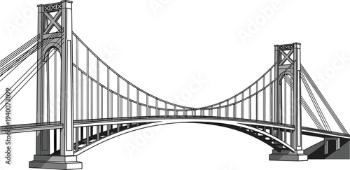 Suspension bridge vector illustration featuring architectural steel cable structures and concrete pillars isolated on white background for civil engineering and urban transportation concepts