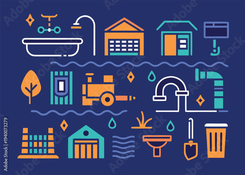 Dark blue background with an array of home service icons featuring a bathtub with a shower head and a garage door in orange and blue.