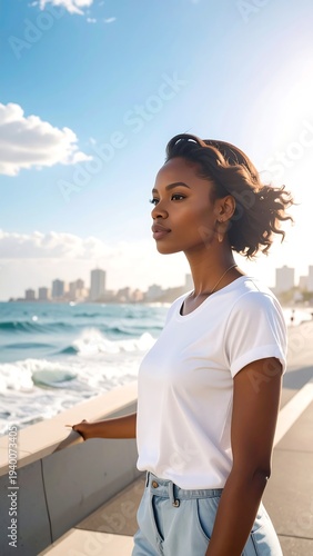 A woman stands on a waterfront promenade
