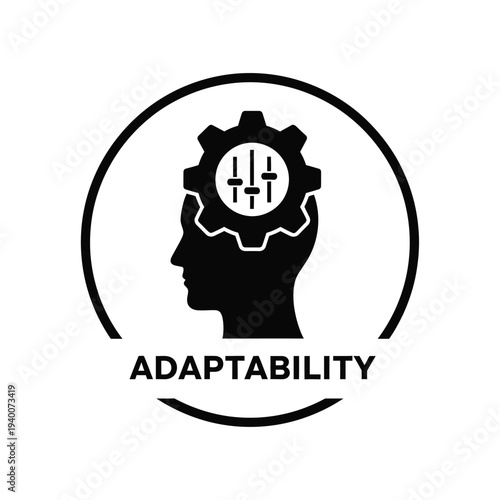 A conceptual graphic depicts a human head in profile with a gear and sliders inside representing adaptability and cognitive function high quality professional detailed