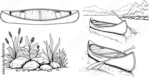 Hand Drawn Canoes And Lakeside Reeds With Mountains In Background boat water