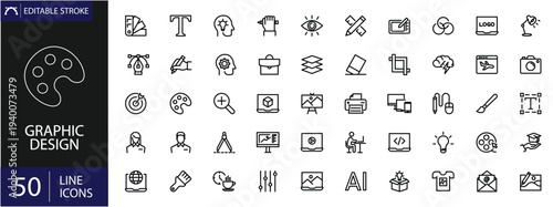 Graphic design icons set. Includes symbols of creative tools, color palettes, typography, layout grids, and visual editing elements. Editable stroke. Vector illustration. Outline icons. 