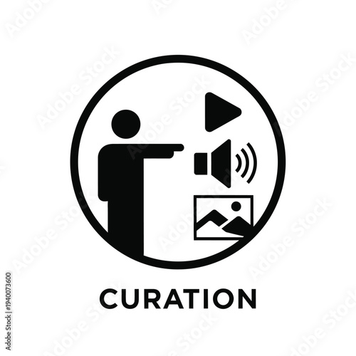 A black and white circular icon depicts a person presenting media featuring a screen and projector with the word curation below high quality professional detailed modern