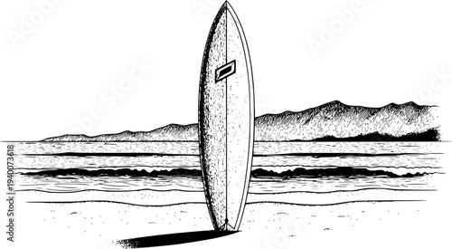Black and white of a single surfboard standing upright a sandy beach with ocean waves and distant mountains