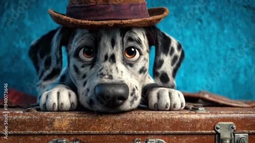 Dalmatian Puppy Wearing Cowboy Hat on Suitcase.