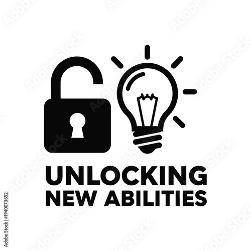 A black padlock is shown open next to a glowing lightbulb with the text unlocking new abilities beneath high quality professional detailed modern elegant