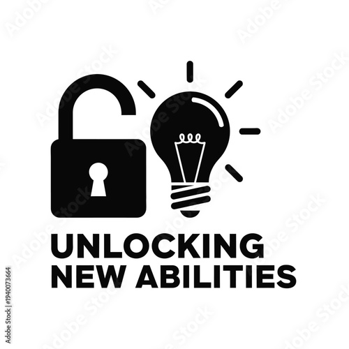 A black and white graphic depicts an open padlock alongside a glowing lightbulb symbolizing unlocking new abilities and innovative ideas high quality professional detailed modern elegant