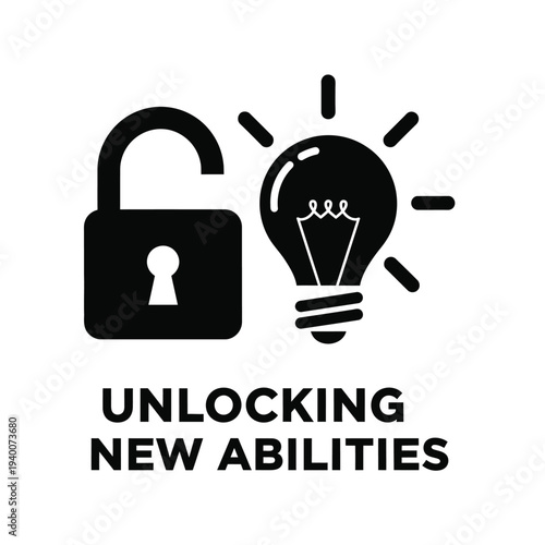A black silhouette depicts a padlock alongside a glowing lightbulb symbolizing the unlocking of innovative abilities and potential high quality professional detailed modern elegant