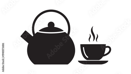 Teapot and steaming cup icon with black simple design on white background featuring tea, coffee, drink with hot and steam elements for beverage, hot