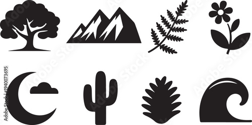 Collection of minimalist nature and landscape icons isolated on transparent background