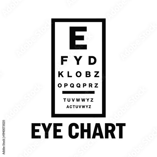 A stark black and white eye chart displays progressively smaller letters used for assessing visual acuity and eyesight testing high quality professional detailed modern elegant stylish
