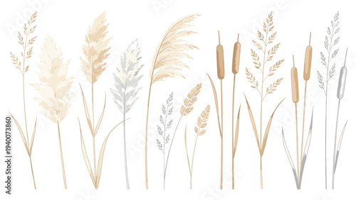 Serene Digital Watercolor Illustration of Botanical Reeds, Cattails, and Plants in Minimalist Style with Muted Hues