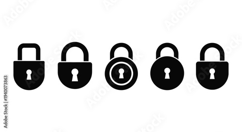 Set of different black padlock vector graphic illustrations representing security, privacy, and locked access.