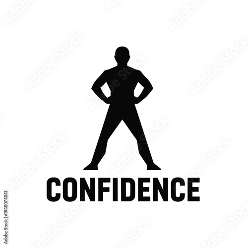 A striking black silhouette of a muscular person with hands on hips is paired with the word confidence below high quality professional detailed modern
