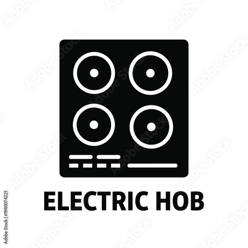 A minimalist black and white icon depicts a modern electric hob with four circular burners and control panel details high quality professional detailed elegant