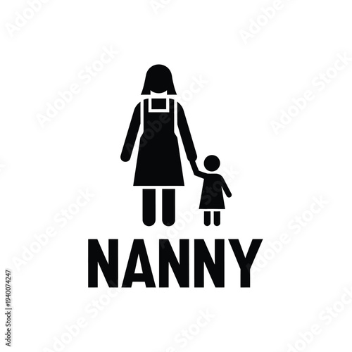 A simple black silhouette depicts a nanny holding the hand of a child with the word nanny prominently displayed below high quality professional detailed
