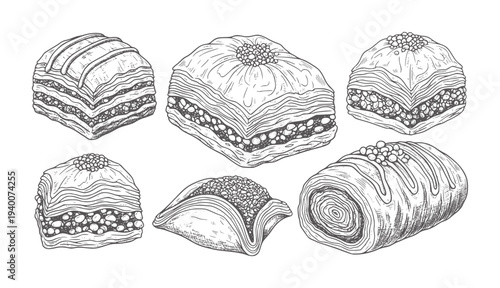 Hand drawn assortment of layered baklava pastries with nuts and syrup pastry dessert