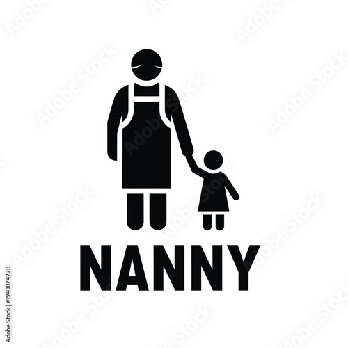A simple black silhouette depicts a nanny holding the hand of a child with the word nanny prominently displayed below high quality professional detailed