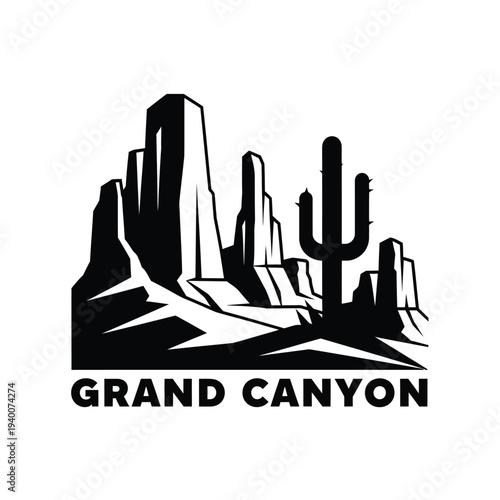 A striking black and white illustration depicts the grand canyon landscape featuring iconic cacti and towering rock formations high quality professional detailed modern elegant