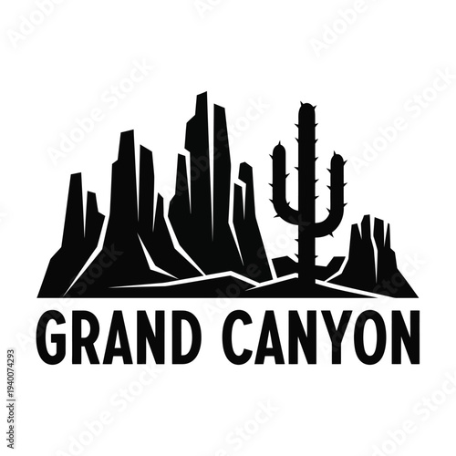 A stark black silhouette depicts the grand canyon landscape featuring rock formations a saguaro cactus and bold text high quality professional detailed modern elegant