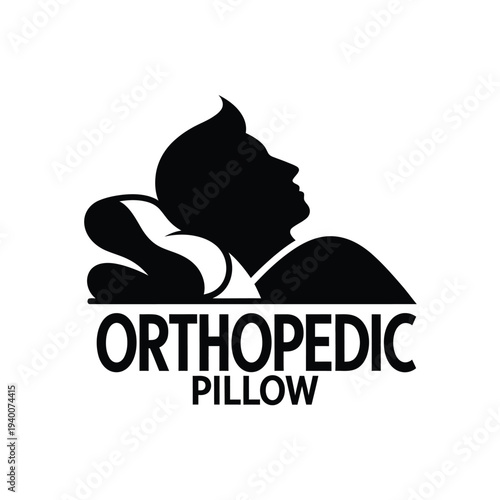 A sleek black and white graphic depicts a profile of a head resting on a pillow advertising an orthopedic pillow high quality professional detailed modern elegant