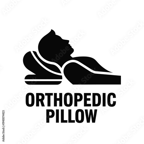 A black and white graphic depicts a person s head and shoulders resting on a pillow accompanied by the text orthopedic pillow high quality professional detailed modern