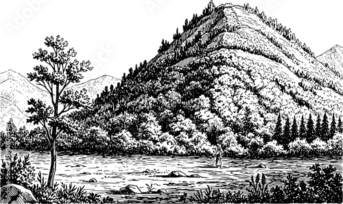 Vintage ink of a serene mountain landscape with a flowing river and a lone figure